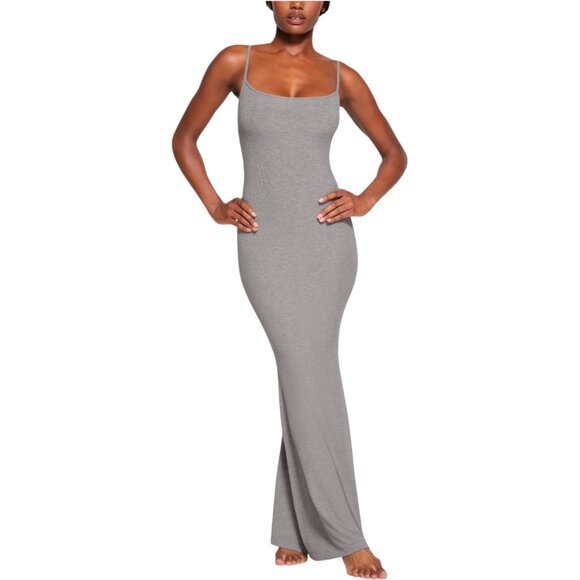 Skims Soft Lounge Long Slip Dress in Heather Gray Ribbed Maxi L - Picture 2 of 8